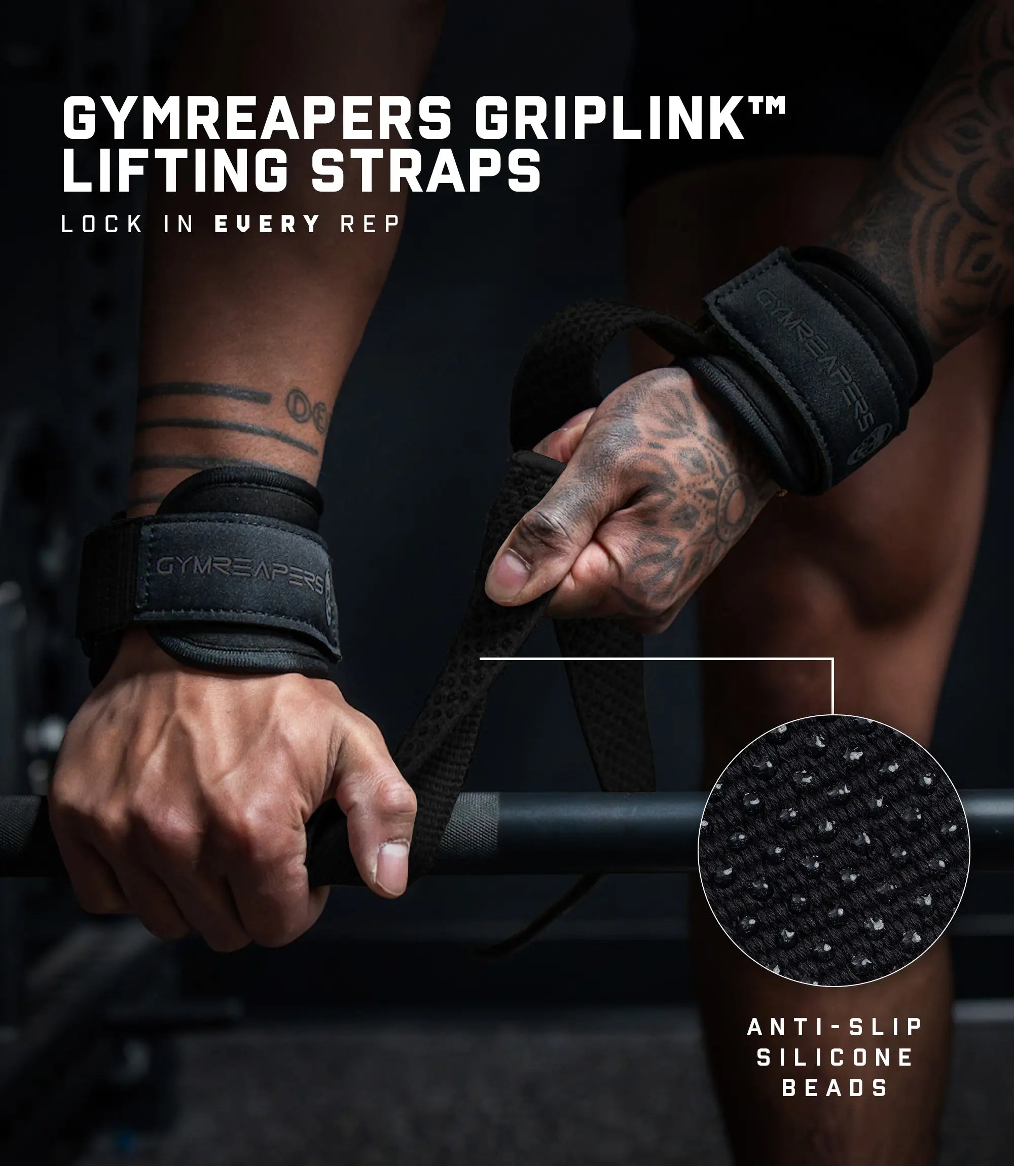 Gymreapers Griplink Lifting Straps with Cushioned Wrist Cuff 14.5" Cotton Strap Anti-Slip Silicone Beads 5Mm Steel D-Ring for Free-Weight & Cable Training
