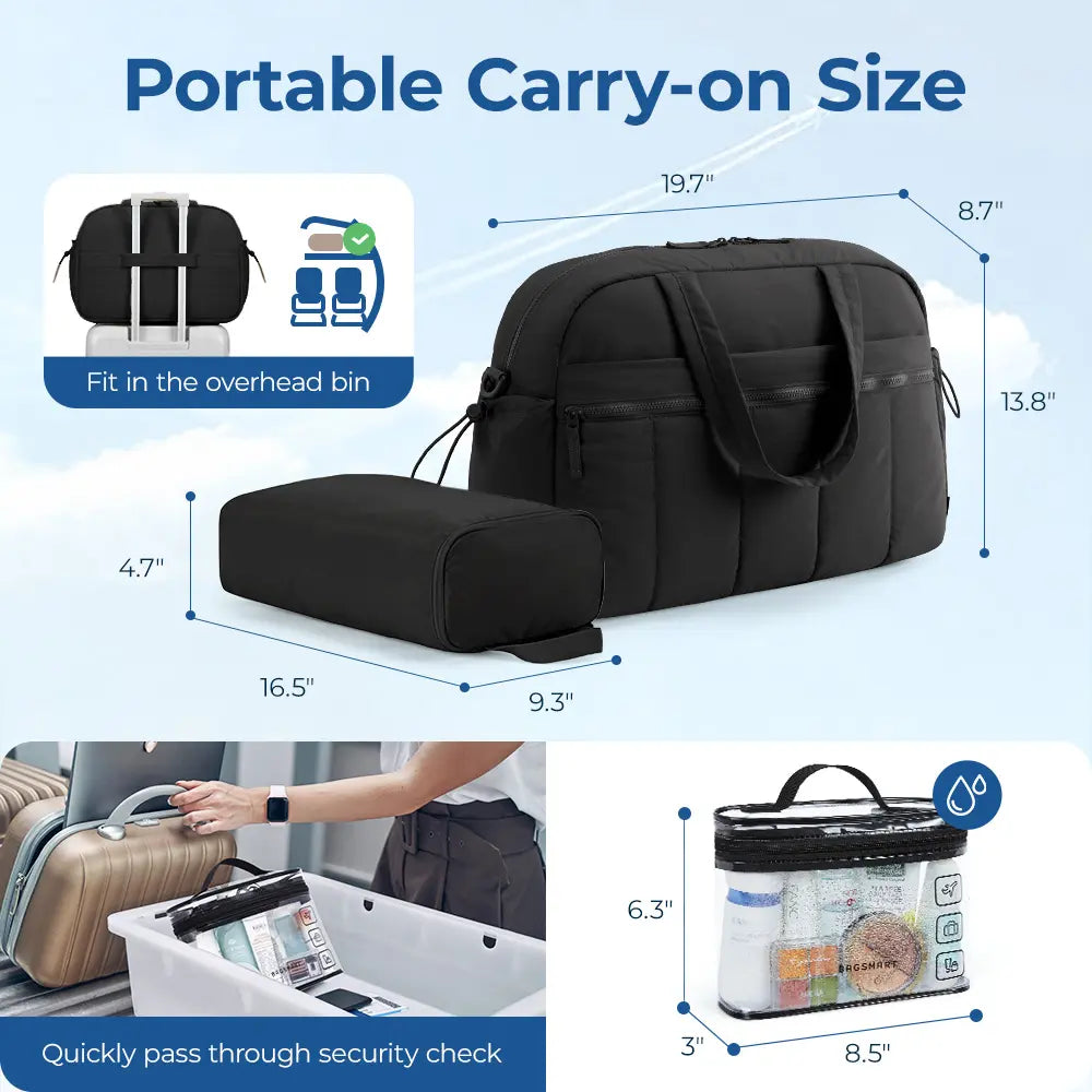 BAGSMART Puffy Lightweight Gym Travel Duffel Bag , 3 Sizes: M(Personal Item, with Wet Pocket)& L(Carry-On, with PVC Toiletry Bag)And Ita Bag Size(Clear Display Window) , Women'S Weekender Bag Springstatements
